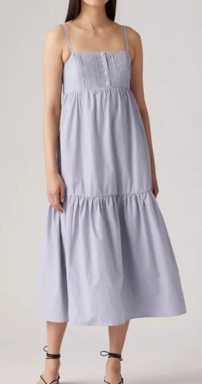 Levi's Issa Striped Sleeveless Smocked Tiered Midi Dress Blue White Small